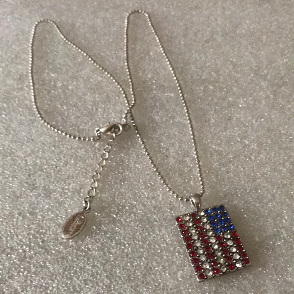 Rhinestone American Flag Pendant Necklace - Silver Tone, Red/Blue/White